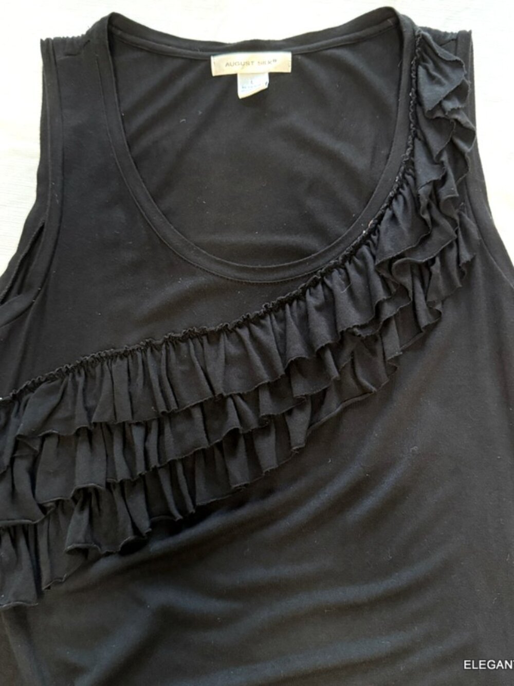 August Silk Womens Black Tank Top L Ruffled Soft Knit Y2K Stretchy Office Chic